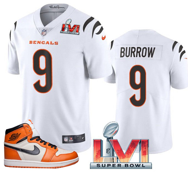 Men's Bengals #9 Joe Burrow 2022 White Super Bowl LVI Stitched Jersey + AJ 1 Shoes - Click Image to Close